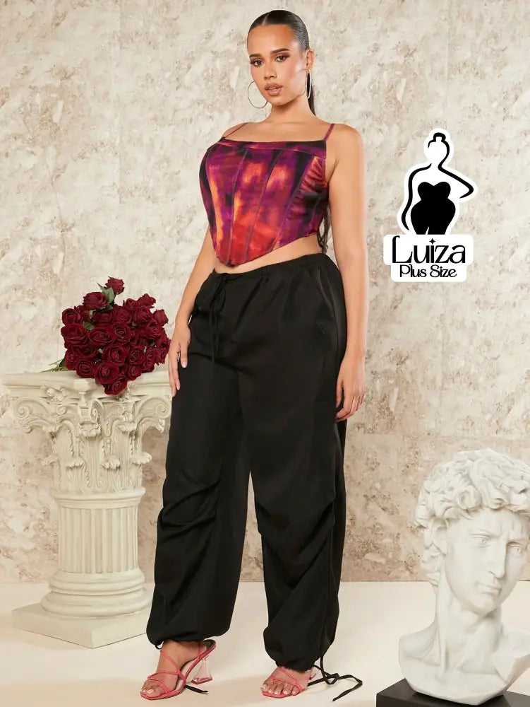 Calça Jogger Cintura Alta Amarração Ajuste Barra Plus Size Calça Jogger Cintura Alta Amarração Ajuste Barra Plus Size