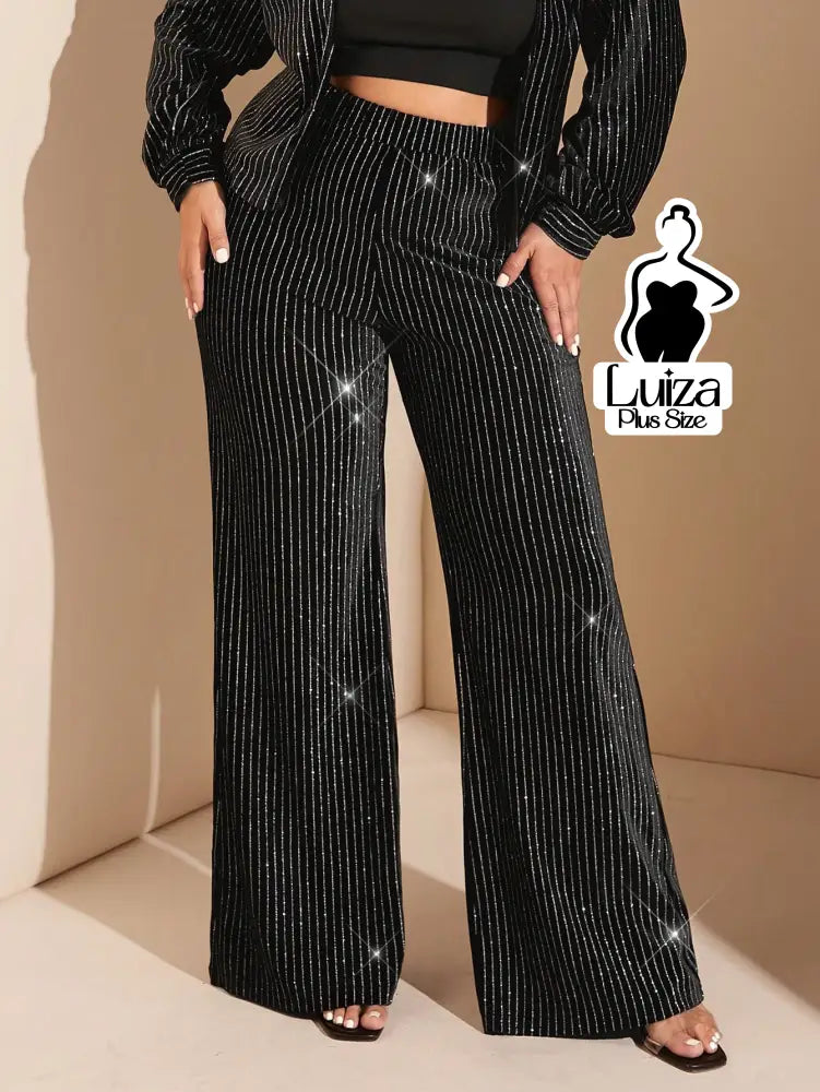 Calça Pantalona Brilho Listrada Estilo Festivo Plus Size Preto / G Calça Pantalona Brilho Listrada Estilo Festivo Plus