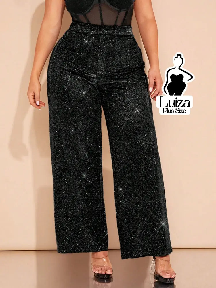 Calça Pantalona Cintura Alta Brilho Glamour Plus Size Preto / G Calça Pantalona Cintura Alta Brilho Glamour Plus Size
