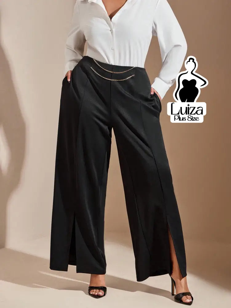 Calça Pantalona Cintura Alta Fenda Corrente Plus Size Calça Pantalona Cintura Alta Fenda Corrente Plus Size
