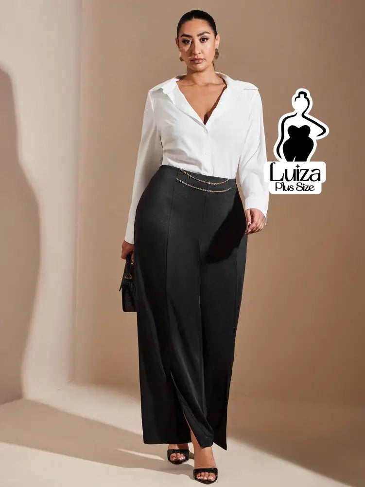 Calça Pantalona Cintura Alta Fenda Corrente Plus Size Preto / G Calça Pantalona Cintura Alta Fenda Corrente Plus Size