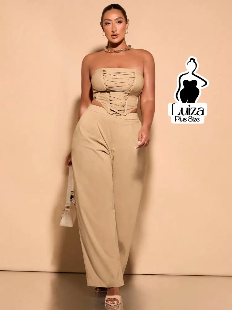 Calça Pantalona Cintura Alta Recorte No Cós Plus Size Bege / G Calça Pantalona Cintura Alta Recorte No Cós Plus Size