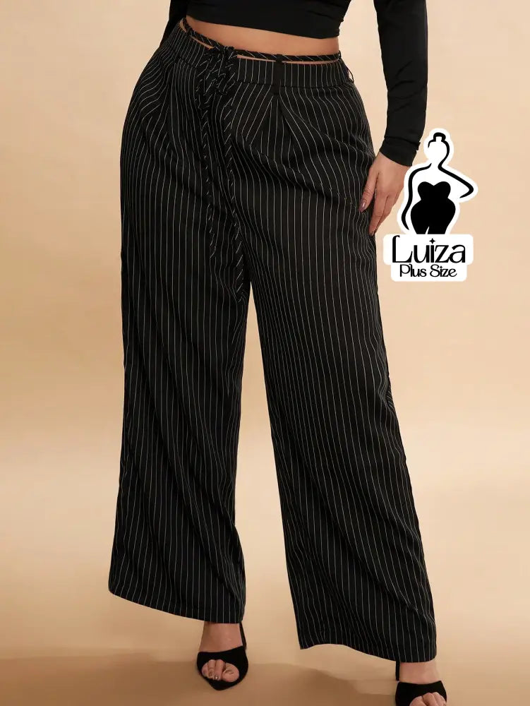 Calça Pantalona Listrada Cós Elástico Ajustável Plus Size Calça Pantalona Listrada Cós Elástico Ajustável Plus Size