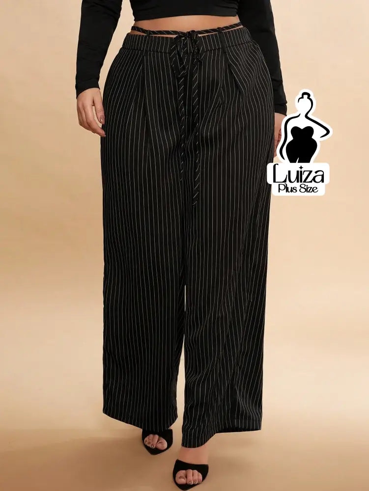 Calça Pantalona Listrada Cós Elástico Ajustável Plus Size Preto / G Calça Pantalona Listrada Cós Elástico Ajustável