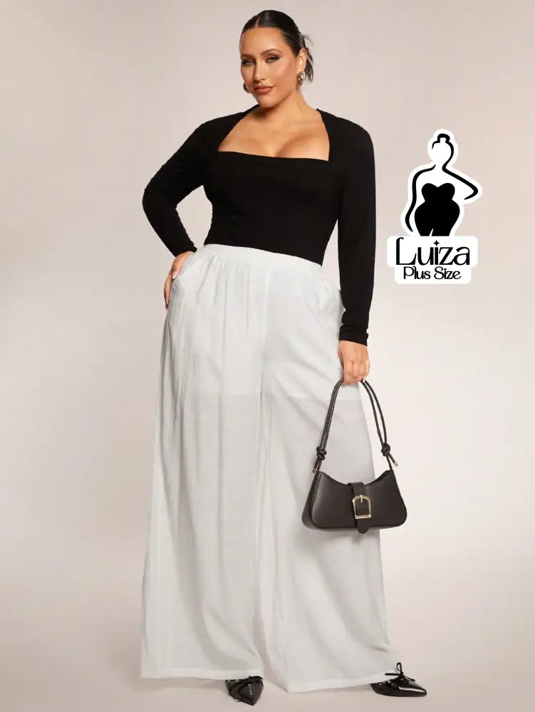 Calça Pantalona Tecido Leve Cós Elástico Plus Size Calça Pantalona Tecido Leve Cós Elástico Plus Size