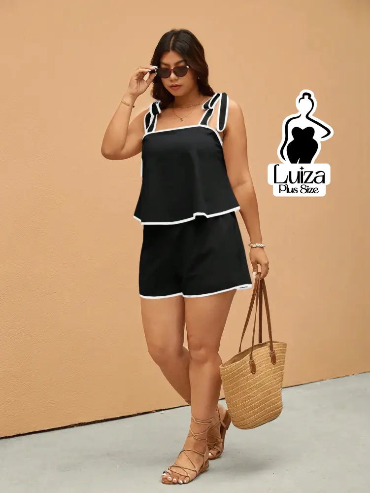 Conjunto Blusa Alça Laço Short Casual Moderno Plus Size Conjunto Blusa Alça Laço Short Casual Moderno Plus Size
