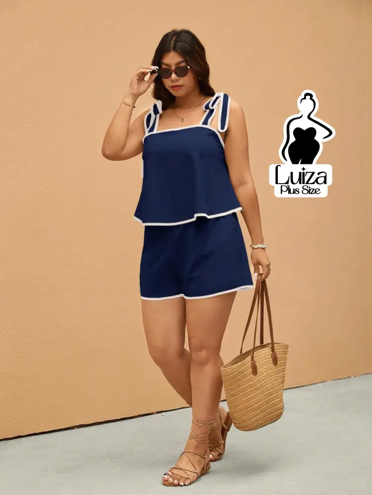 Conjunto Blusa Alça Laço Short Casual Moderno Plus Size Conjunto Blusa Alça Laço Short Casual Moderno Plus Size