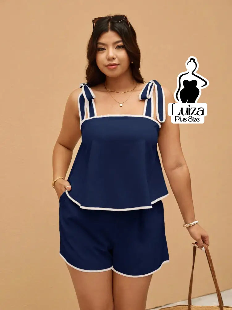 Conjunto Blusa Alça Laço Short Casual Moderno Plus Size Conjunto Blusa Alça Laço Short Casual Moderno Plus Size