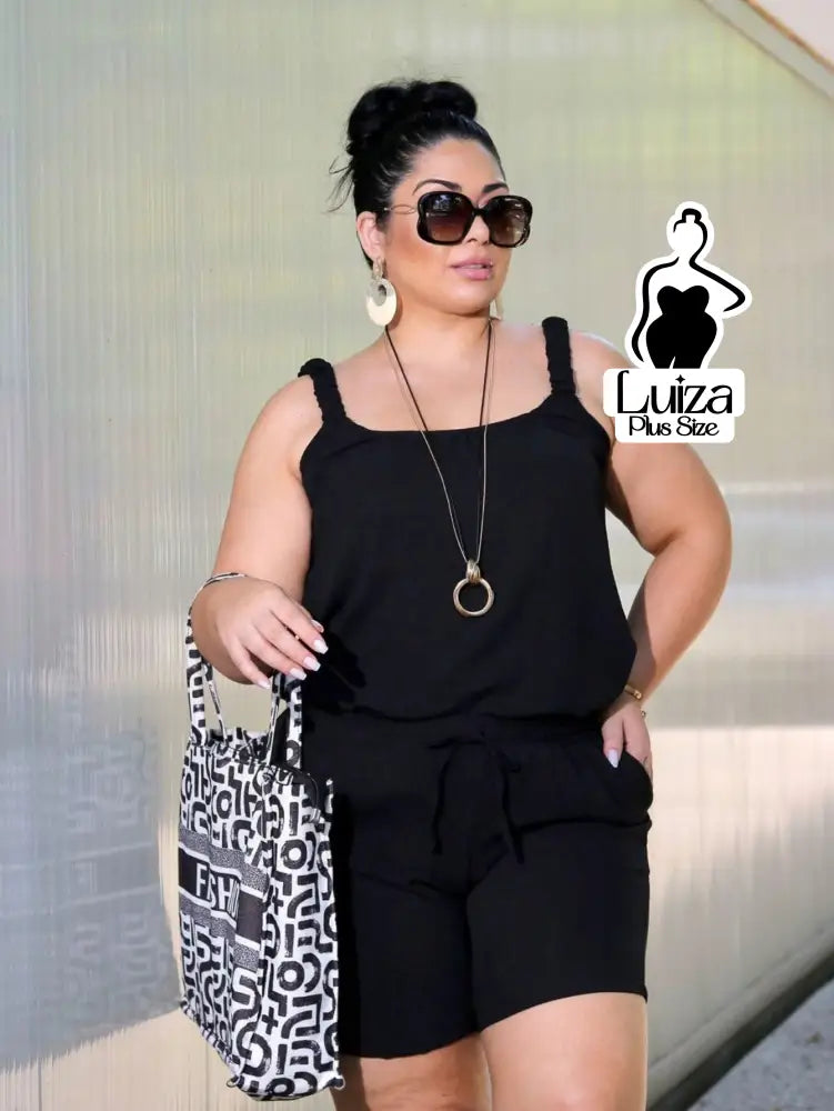 Conjunto Blusa Alça Larga Short Casual Conforto Plus Size Preto / G Conjunto Blusa Alça Larga Short Casual Conforto