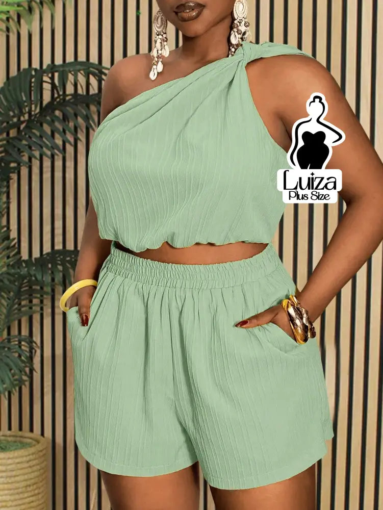 Conjunto Blusa Um Ombro Só Short Casual Verão Plus Size Conjunto Blusa Um Ombro Só Short Casual Verão Plus Size
