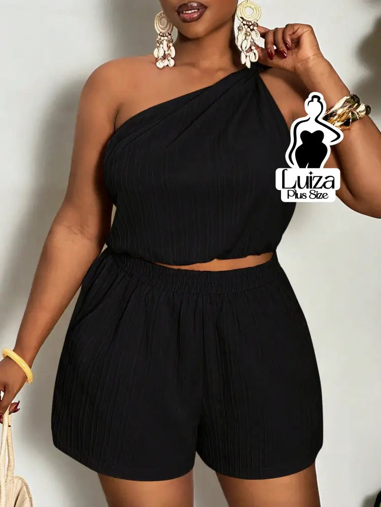 Conjunto Blusa Um Ombro Só Short Casual Verão Plus Size Conjunto Blusa Um Ombro Só Short Casual Verão Plus Size