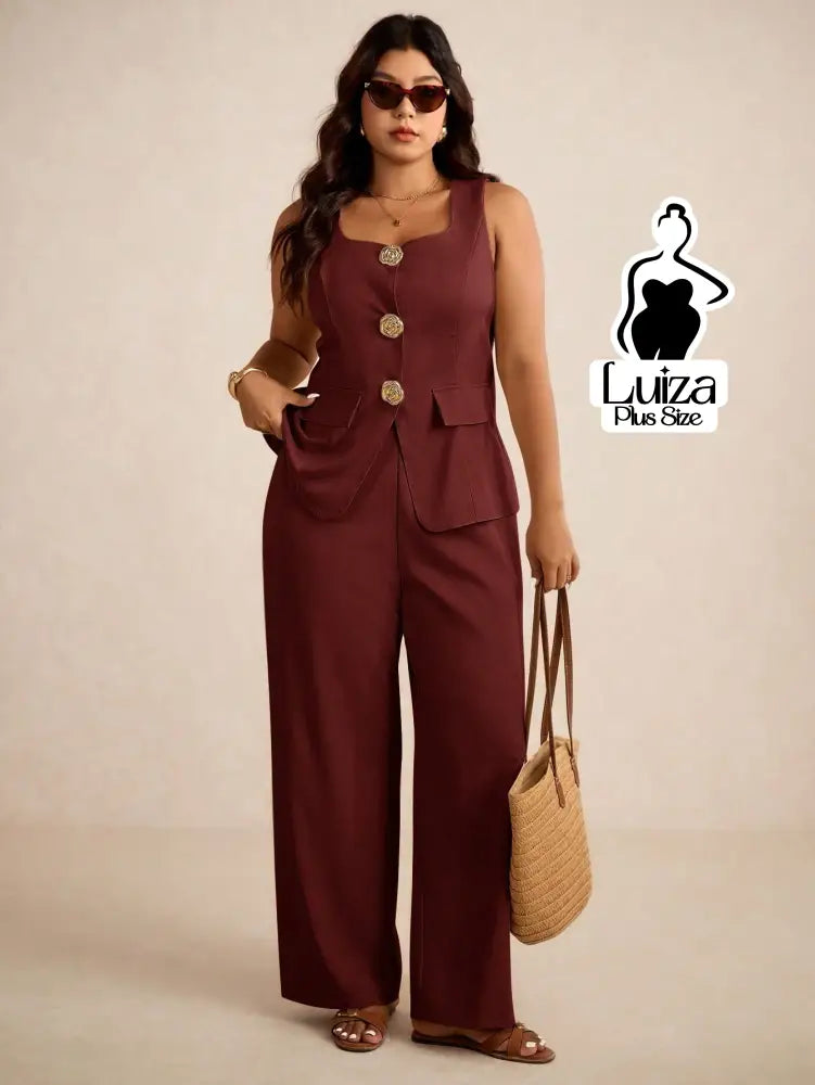 Conjunto Colete Alfaiataria Calça Pantalona Social Plus Size Vermelho / G Conjunto Colete Alfaiataria Calça Pantalona