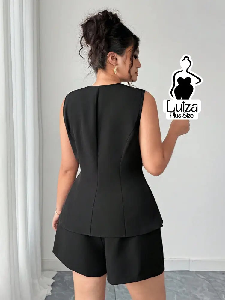 Conjunto Colete Alfaiataria Sem Mangas Short Elegante Plus Size Conjunto Colete Alfaiataria Sem Mangas Short Elegante