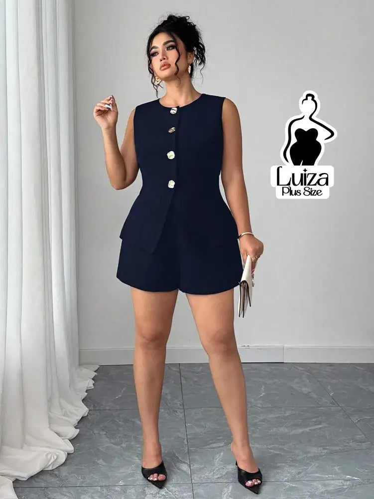 Conjunto Colete Alfaiataria Sem Mangas Short Elegante Plus Size Conjunto Colete Alfaiataria Sem Mangas Short Elegante