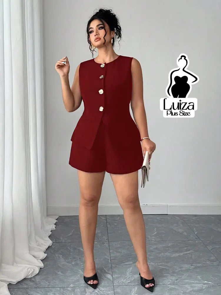 Conjunto Colete Alfaiataria Sem Mangas Short Elegante Plus Size Conjunto Colete Alfaiataria Sem Mangas Short Elegante