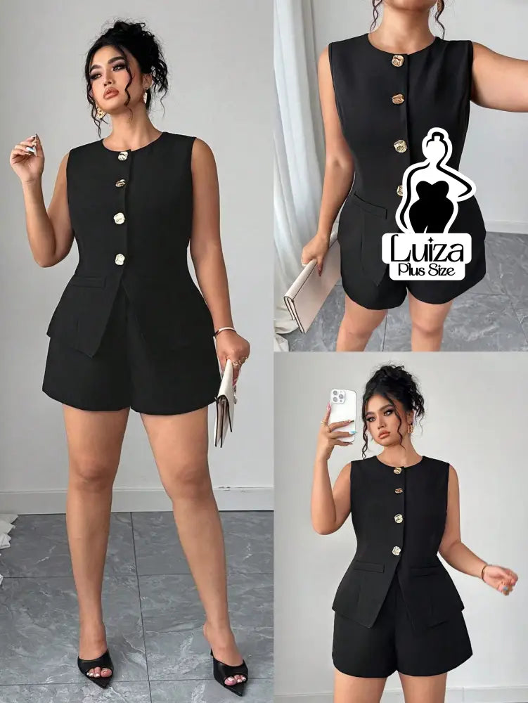 Conjunto Colete Alfaiataria Sem Mangas Short Elegante Plus Size Preto / G Conjunto Colete Alfaiataria Sem Mangas Short