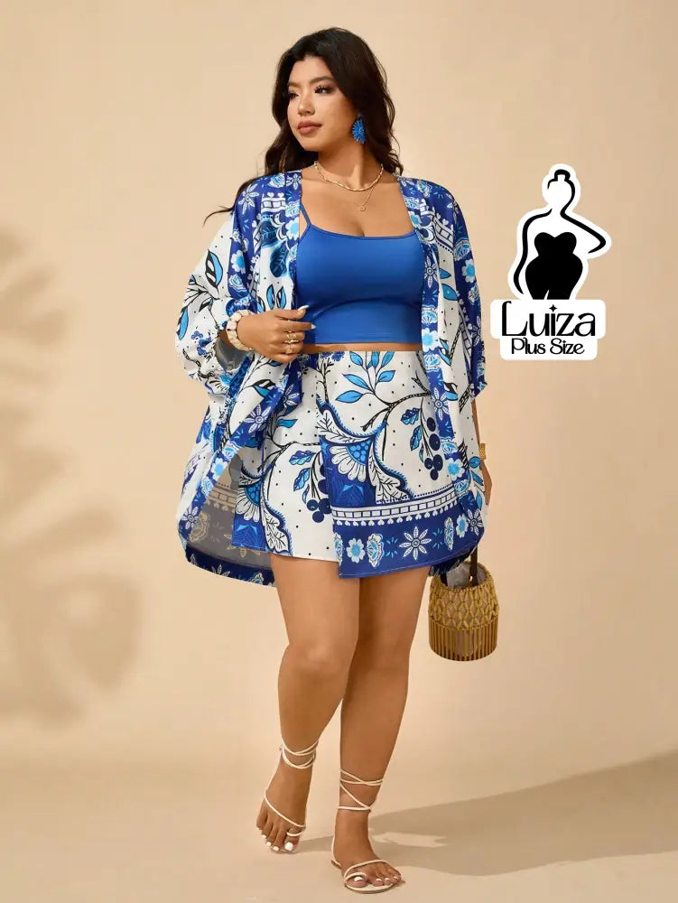 Conjunto Kimono Saia Curta Estampa Floral Casual Chic Plus Size Conjunto Kimono Saia Curta Estampa Floral Casual Chic