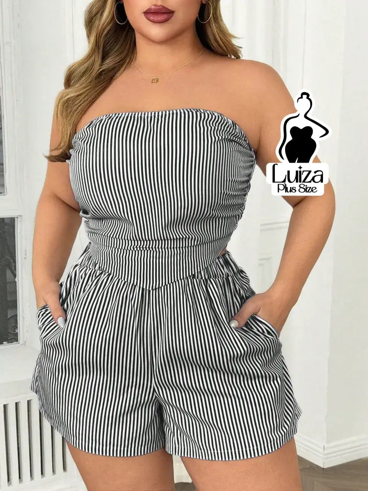 Conjunto Tomara Que Caia Listrado Short Casual Verão Plus Size Preto / G Conjunto Tomara Que Caia Listrado Short Casual
