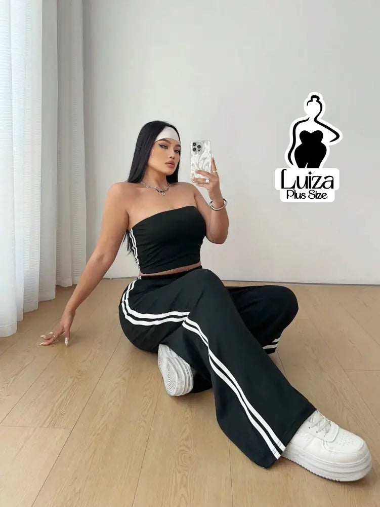 Conjunto Top Faixa Calça Pantalona Estilo Street Plus Size Conjunto Top Faixa Calça Pantalona Estilo Street Plus Size