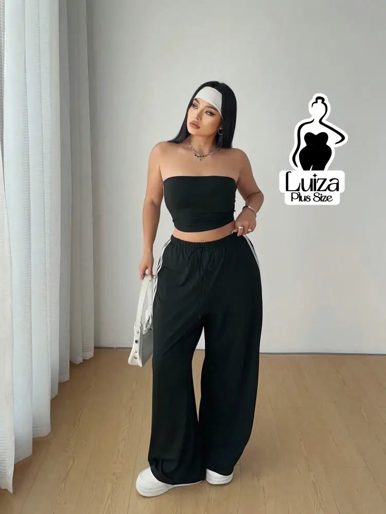 Conjunto Top Faixa Calça Pantalona Estilo Street Plus Size Conjunto Top Faixa Calça Pantalona Estilo Street Plus Size