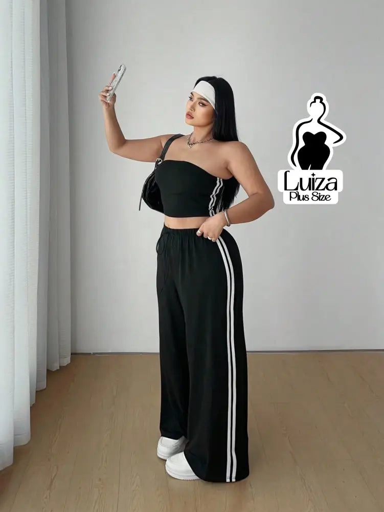 Conjunto Top Faixa Calça Pantalona Estilo Street Plus Size Preto / G Conjunto Top Faixa Calça Pantalona Estilo Street