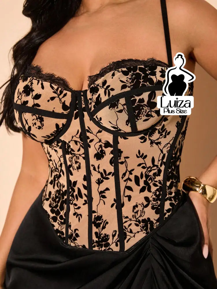 Corset Tule Bordado Floral Estruturado Renda Plus Size Caqui / G Corset Tule Bordado Floral Estruturado Renda Plus Size