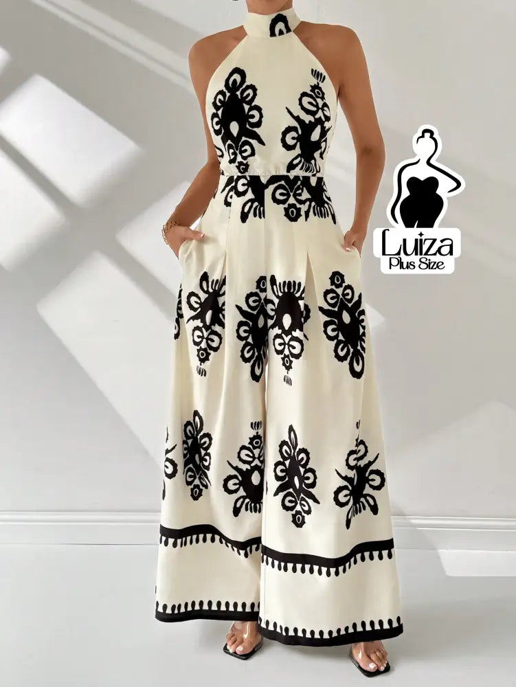 Macacão Longo Pantalona Estampa Geométrica Elegante Plus Size Macacão Longo Pantalona Estampa Geométrica Elegante Plus