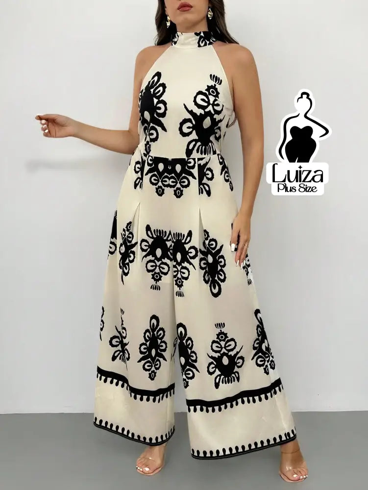 Macacão Longo Pantalona Estampa Geométrica Elegante Plus Size Macacão Longo Pantalona Estampa Geométrica Elegante Plus