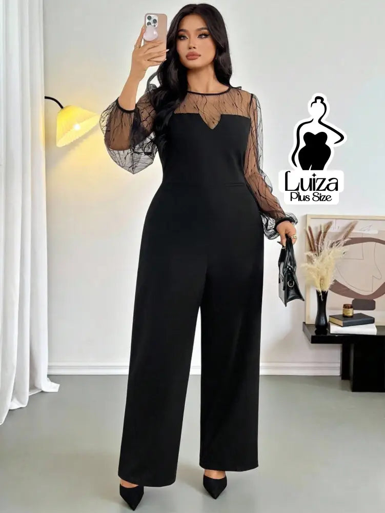 Macacão Longo Pantalona Manga Longa Transparente Plus Size Macacão Longo Pantalona Manga Longa Transparente Plus Size