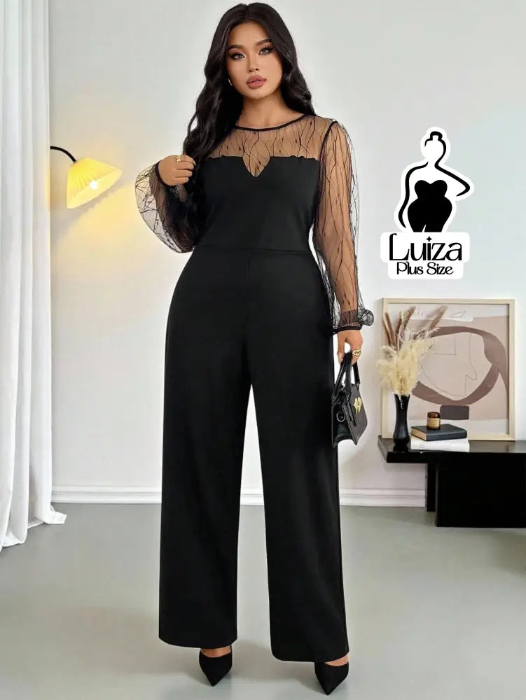 Macacão Longo Pantalona Manga Longa Transparente Plus Size Macacão Longo Pantalona Manga Longa Transparente Plus Size