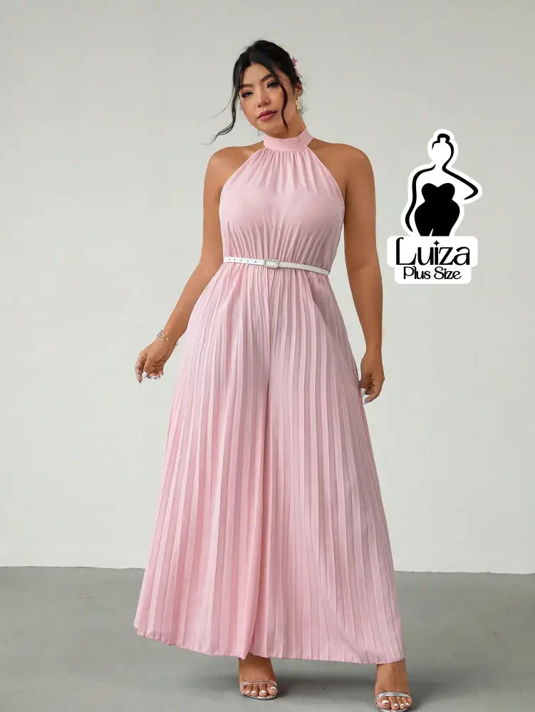 Macacão Longo Pantalona Plissado Laço Sofisticado Plus Size Macacão Longo Pantalona Plissado Laço Sofisticado Plus Size