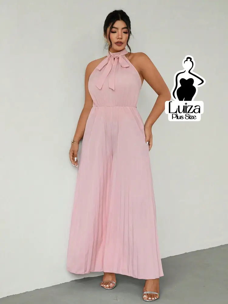 Macacão Longo Pantalona Plissado Laço Sofisticado Plus Size Rosa / G Macacão Longo Pantalona Plissado Laço Sofisticado