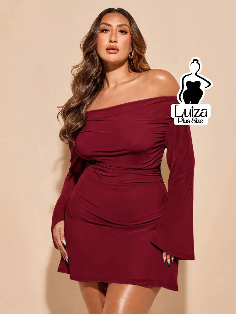 Vestido Curto Ombro A Ombro Manga Flare Drapeado Plus Size Vinho / G Vestido Curto Ombro A Ombro Manga Flare Drapeado