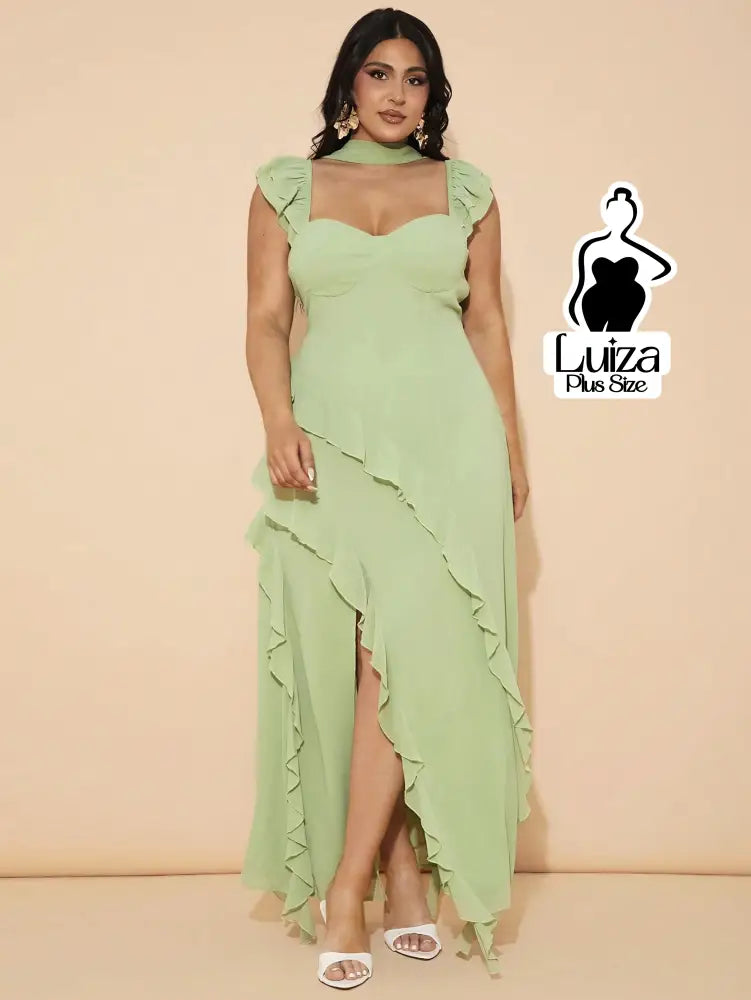 Vestido Longo Assimétrico Babados Laço Nas Costas Plus Size Verde Menta / G Vestido Longo Assimétrico Babados Laço Nas