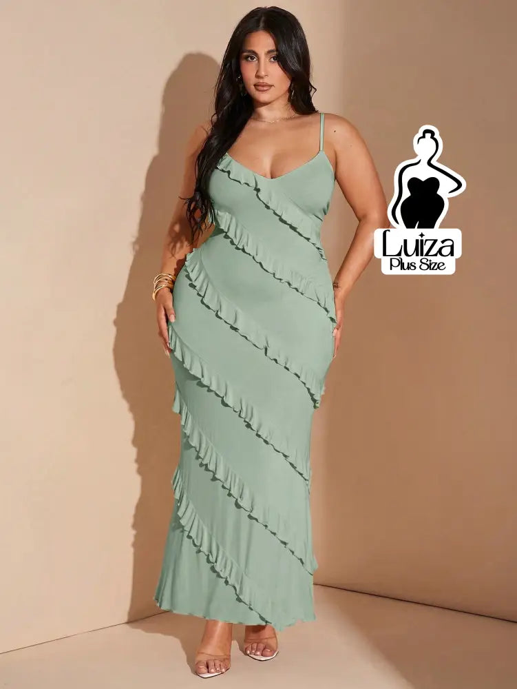 Vestido Longo Babados Diagonais Alça Fina Plus Size Vestido Longo Babados Diagonais Alça Fina Plus Size