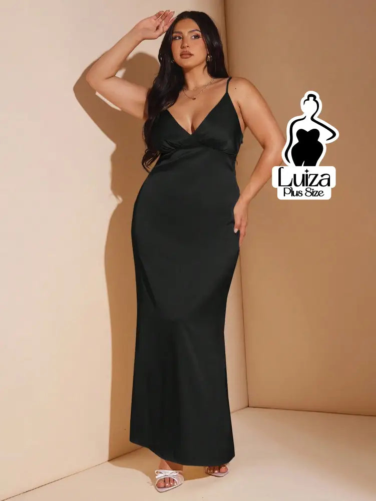 Vestido Longo Cetim Decote V Alça Fina Plus Size Vestido Longo Cetim Decote V Alça Fina Plus Size