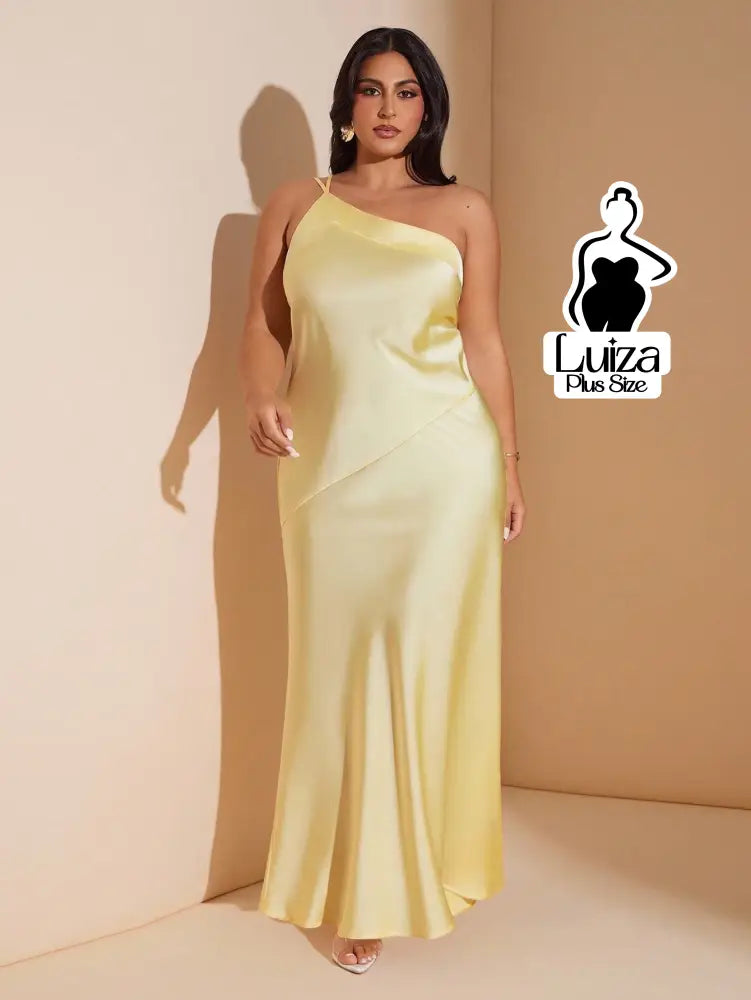 Vestido Longo Cetim Um Ombro Só Costas Abertas Plus Size Amarela / G Vestido Longo Cetim Um Ombro Só Costas Abertas