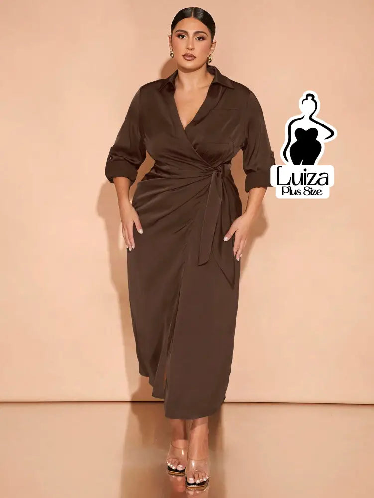 Vestido Longo Chemise Transpassado Amarração Lateral Plus Size Café / G Vestido Longo Chemise Transpassado Amarração