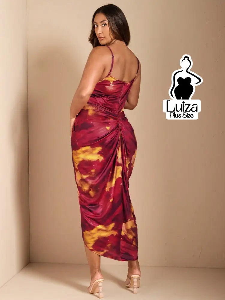 Vestido Longo Estampado Fenda Decote Drapeado Plus Size Vestido Longo Estampado Fenda Decote Drapeado Plus Size