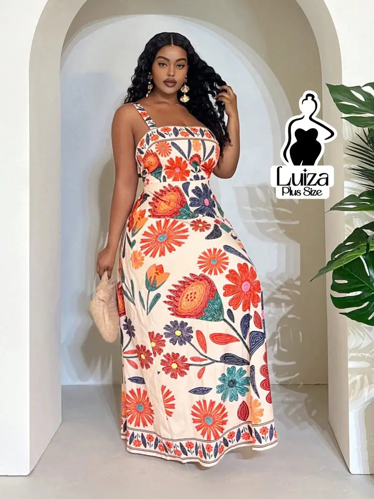 Vestido Longo Estampado Floral Alças Largas Plus Size Vestido Longo Estampado Floral Alças Largas Plus Size