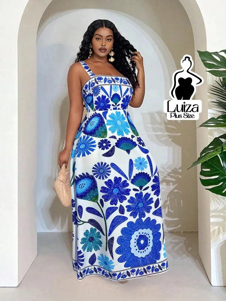 Vestido Longo Estampado Floral Alças Largas Plus Size Vestido Longo Estampado Floral Alças Largas Plus Size