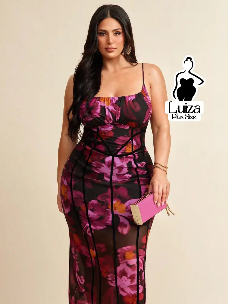 Vestido Longo Estampado Floral Recortes Transparência Plus Size Vestido Longo Estampado Floral Recortes Transparência