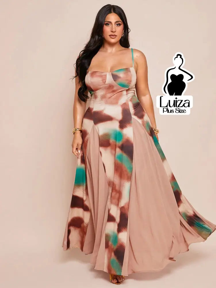 Vestido Longo Estampado Saia Fluida Alça Fina Plus Size Vestido Longo Estampado Saia Fluida Alça Fina Plus Size