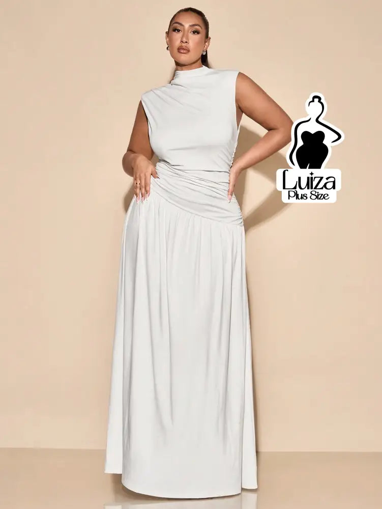 Vestido Longo Gola Alta Cintura Drapeada Saia Ampla Plus Size Vestido Longo Gola Alta Cintura Drapeada Saia Ampla Plus