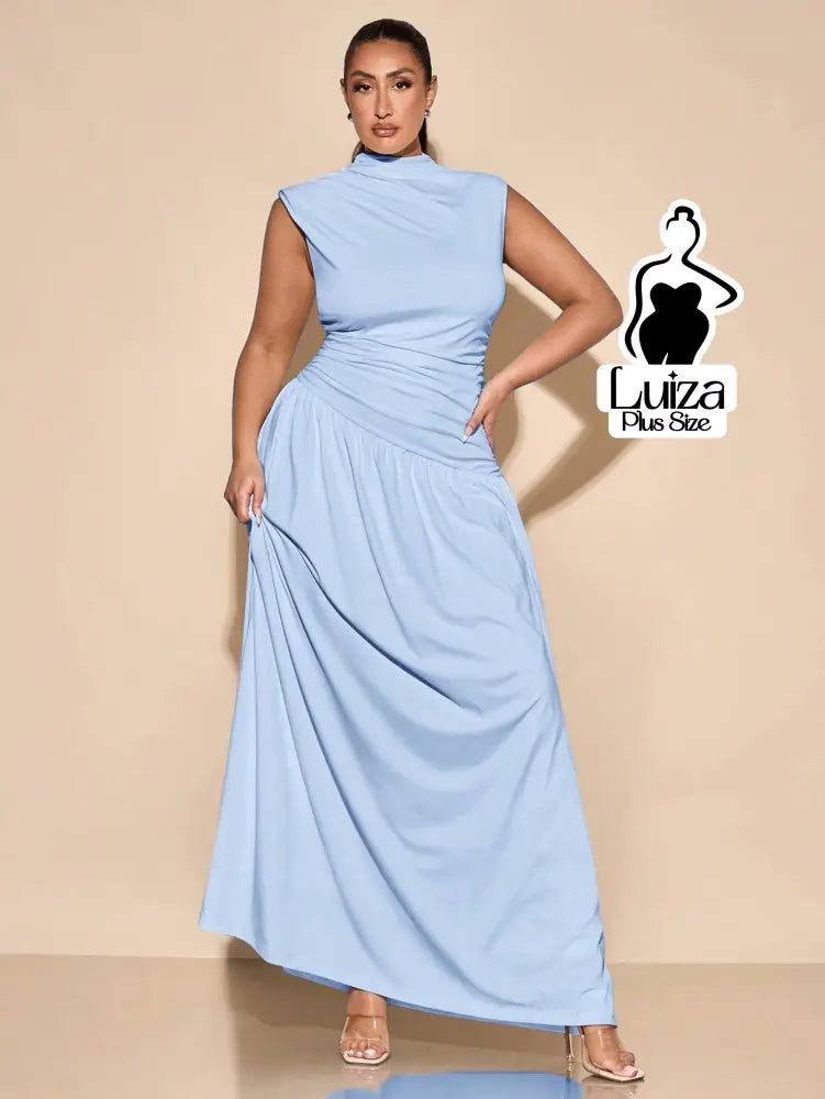 Vestido Longo Gola Alta Cintura Drapeada Saia Ampla Plus Size Vestido Longo Gola Alta Cintura Drapeada Saia Ampla Plus
