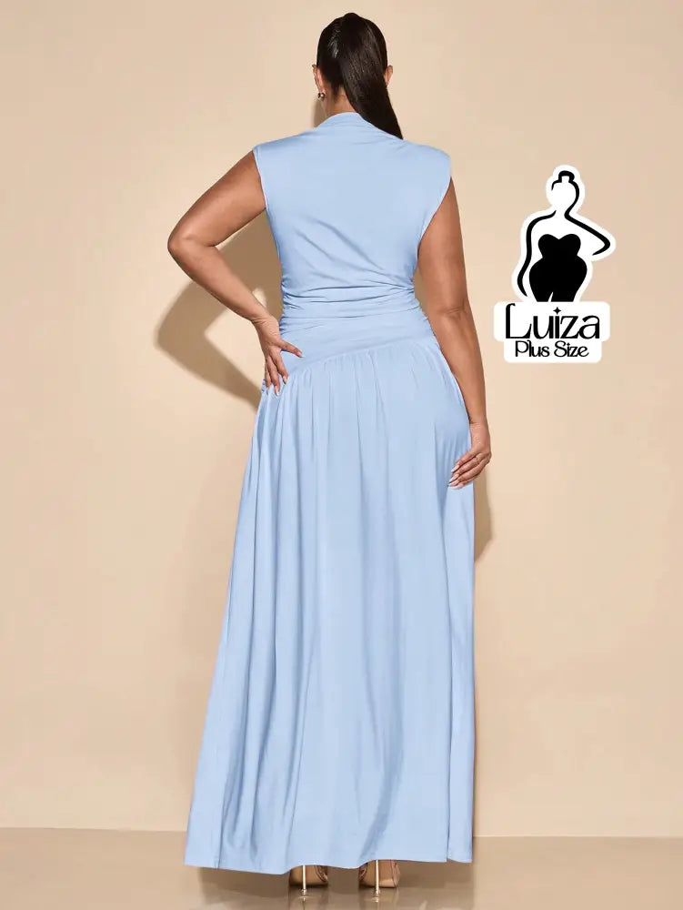 Vestido Longo Gola Alta Cintura Drapeada Saia Ampla Plus Size Vestido Longo Gola Alta Cintura Drapeada Saia Ampla Plus