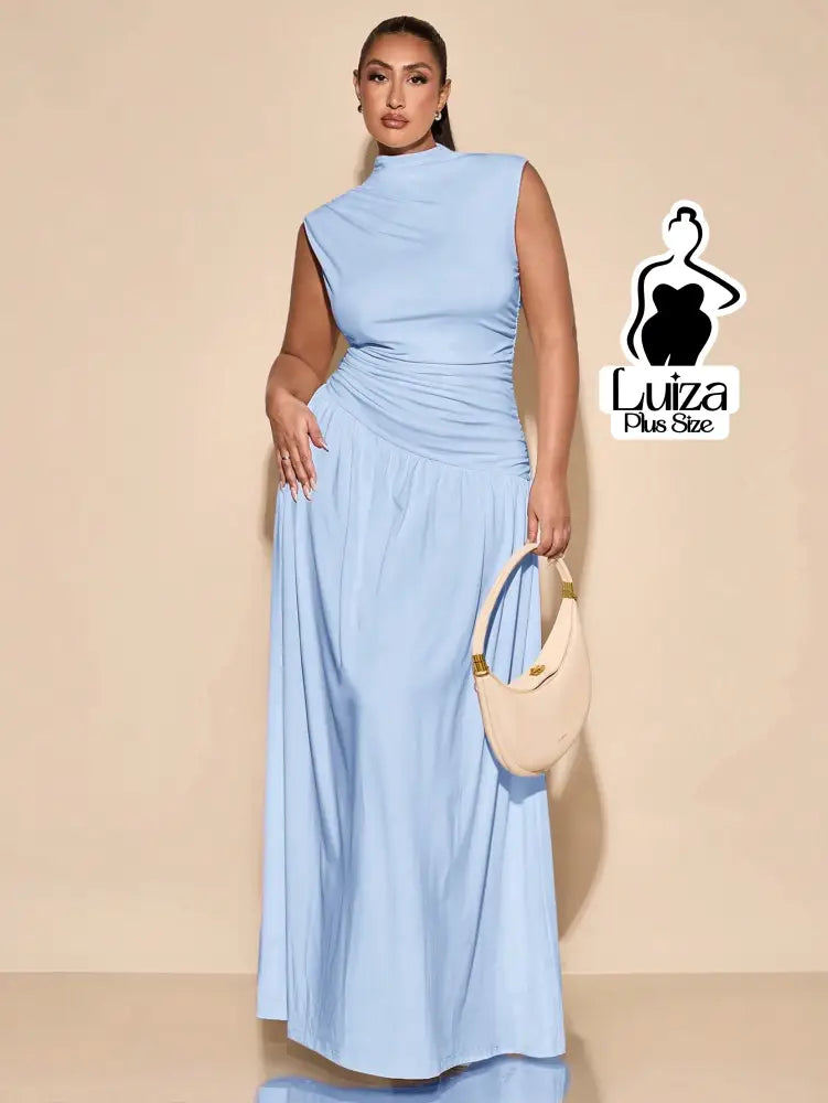 Vestido Longo Gola Alta Cintura Drapeada Saia Ampla Plus Size Azul Bebê / G Vestido Longo Gola Alta Cintura Drapeada