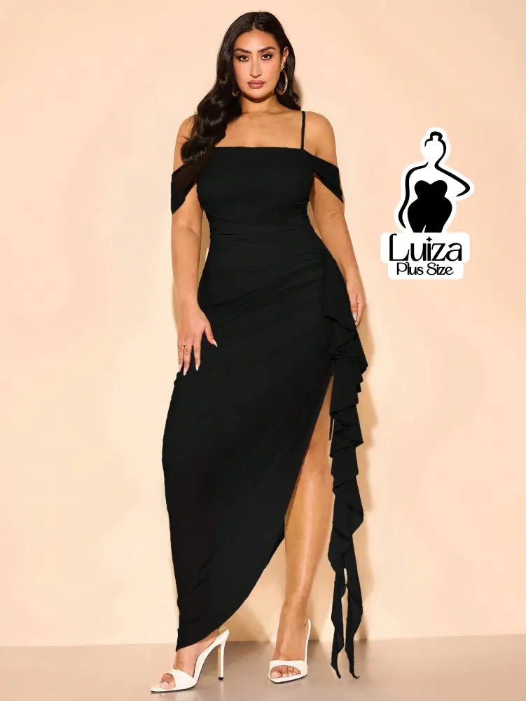 Vestido Longo Ombro A Ombro Drapeado Amarração Plus Size Vestido Longo Ombro A Ombro Drapeado Amarração Plus Size