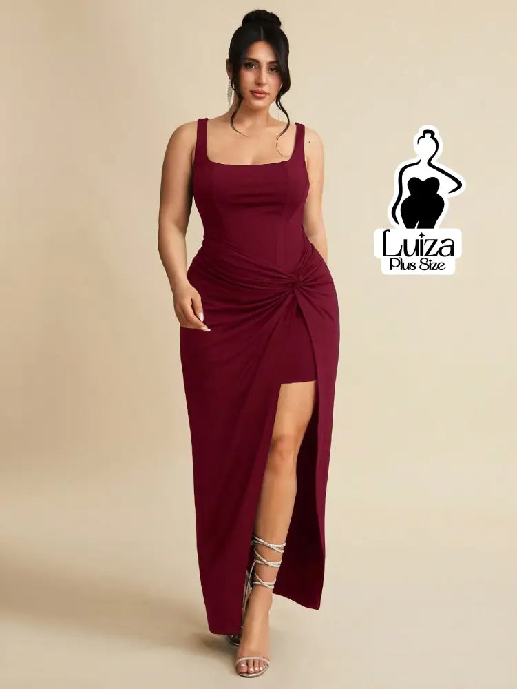 Vestido Longo Sofisticado Torção Fenda Na Saia Plus Size Vestido Longo Sofisticado Torção Fenda Na Saia Plus Size