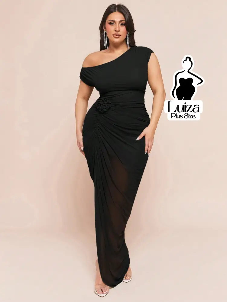 Vestido Longo Um Ombro Só Drapeado Detalhe Floral Plus Size Preto / G Vestido Longo Um Ombro Só Drapeado Detalhe Floral